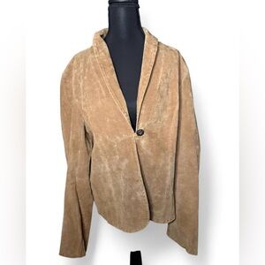 Vintage Kim Roger’s 100% Leather Tan Coat With One Button Closure & Sewed Trim